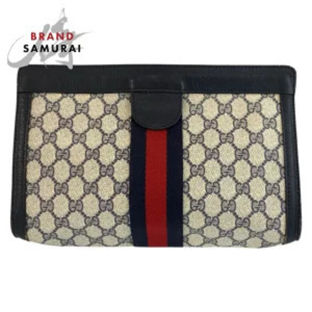 Gucci Sherry Clutch Bag Gray Navy Blue GG Supreme Canvas Leather